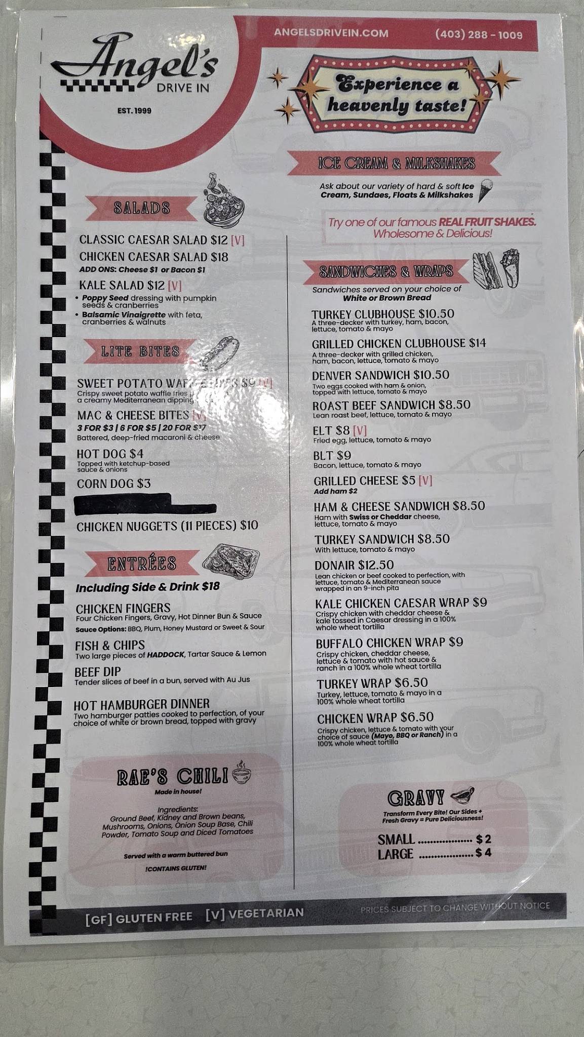 Angel's Drive In меню
