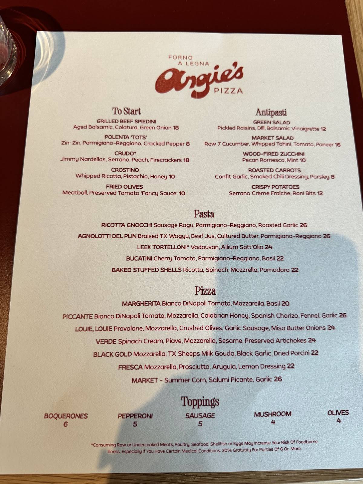 Angie's меню