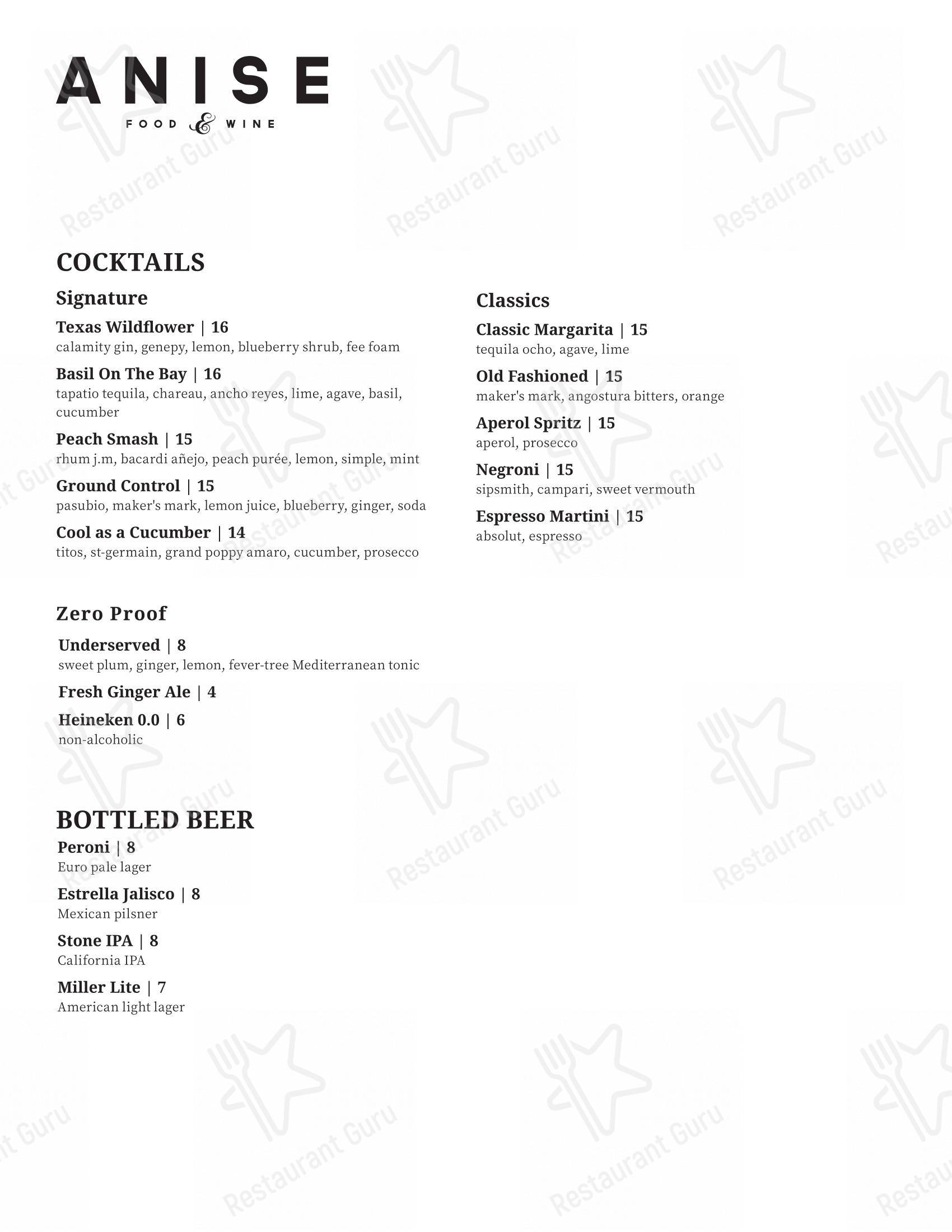 菜单 паба и бара Anise Wine Bar- The Village Dallas в Далласе