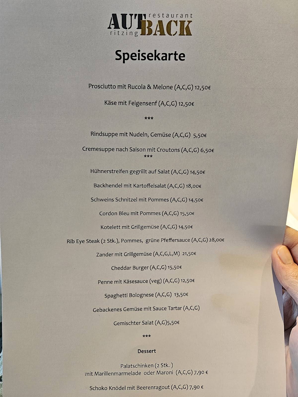 Autback Restaurant Ritzing im Sportzentrum Ritzing, Vinea Resort меню