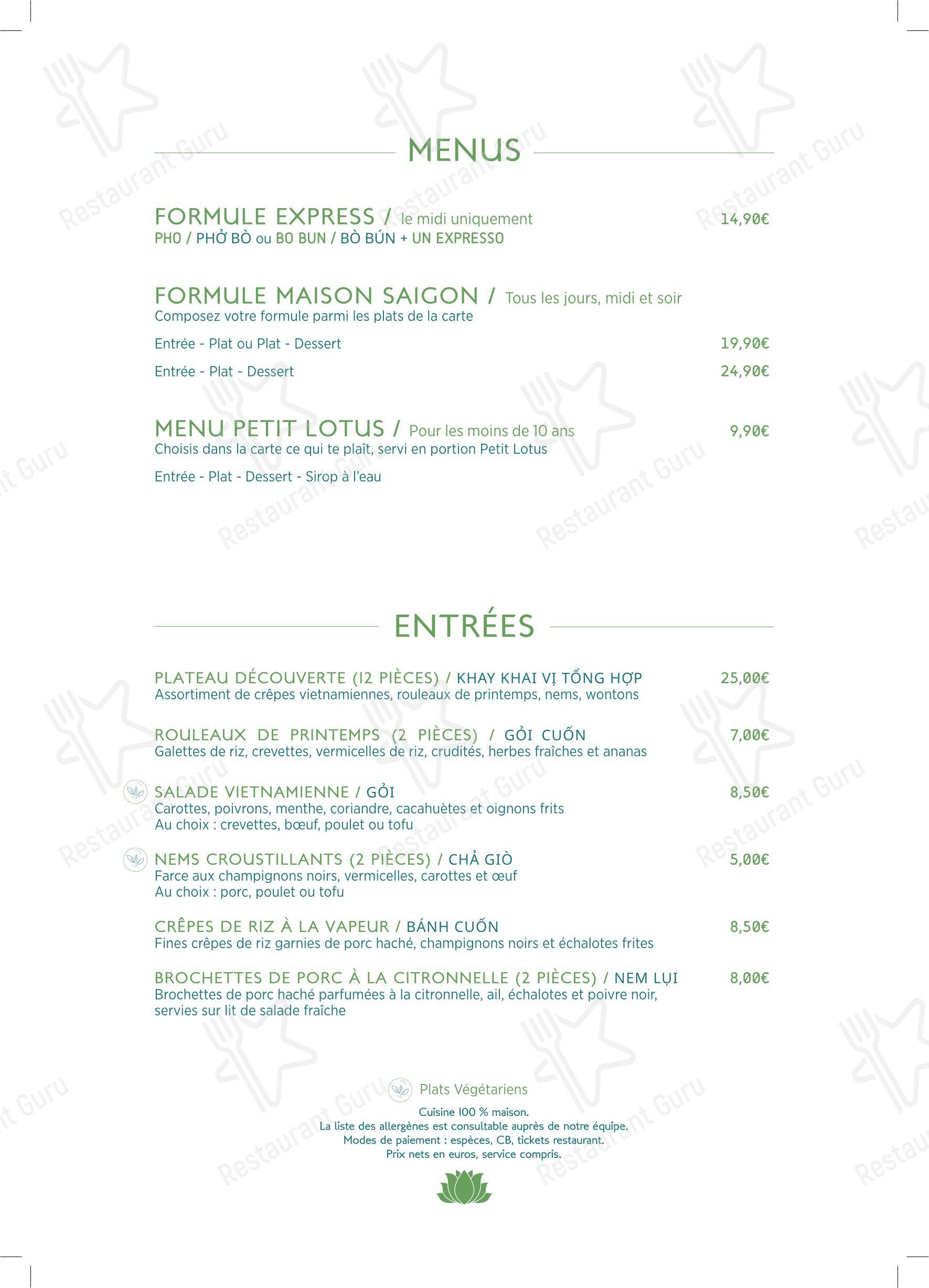 Меню ресторана BISTROT SAIGON - Меню