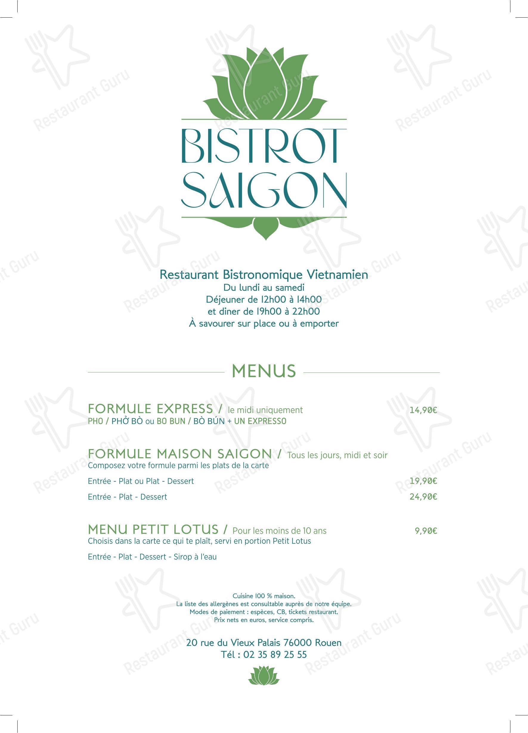 Меню напитков ресторана BISTROT SAIGON в Руане