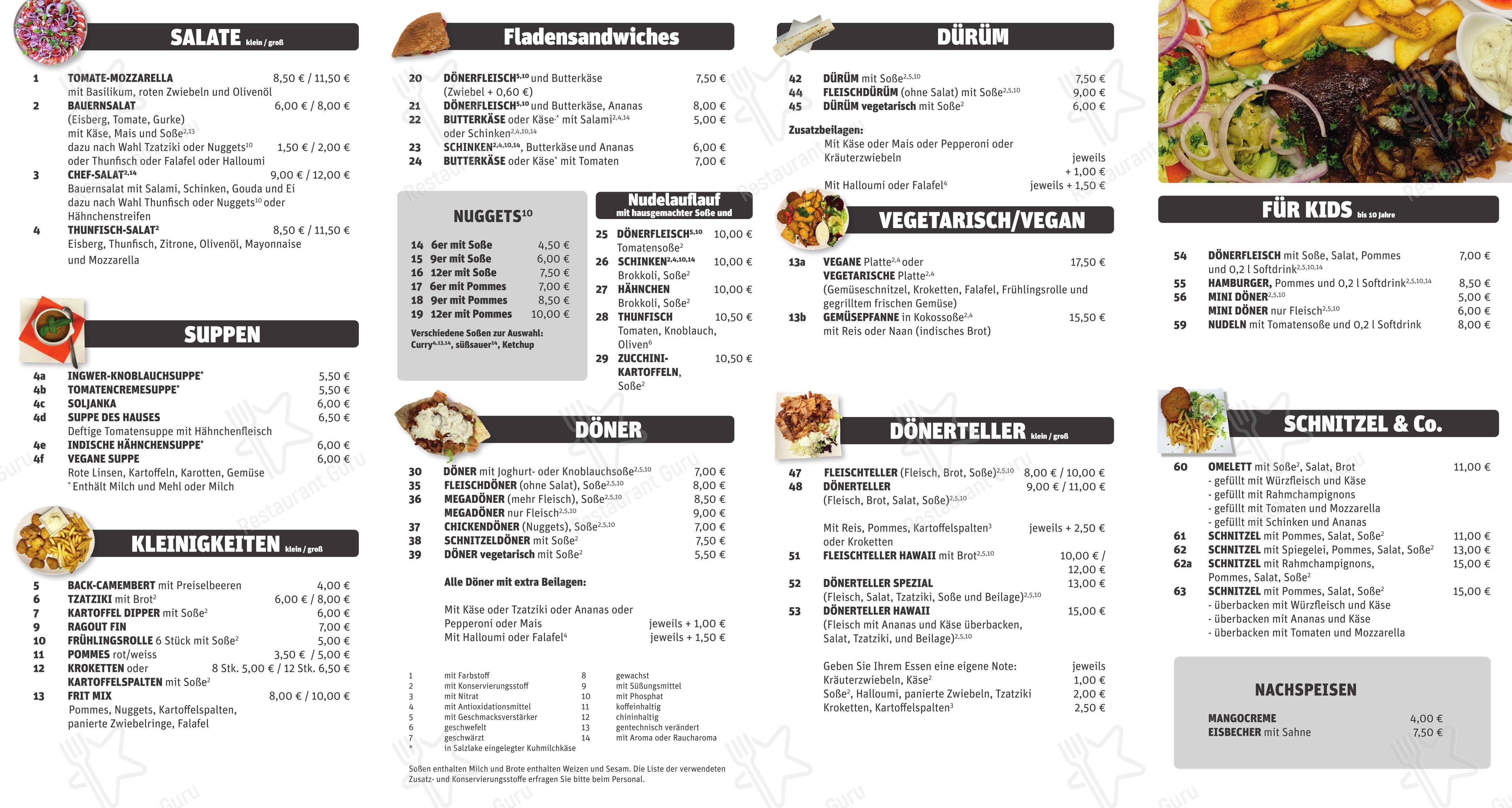 Меню фастфуда Babu's Inn в Вайсенберге
