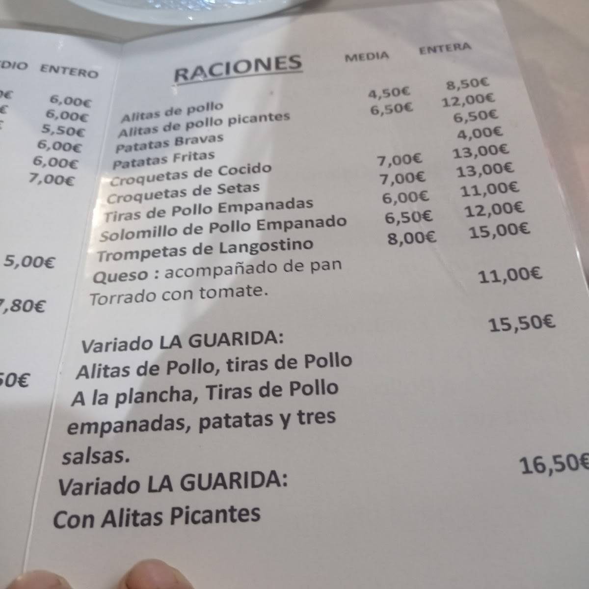 Bar La guarida меню