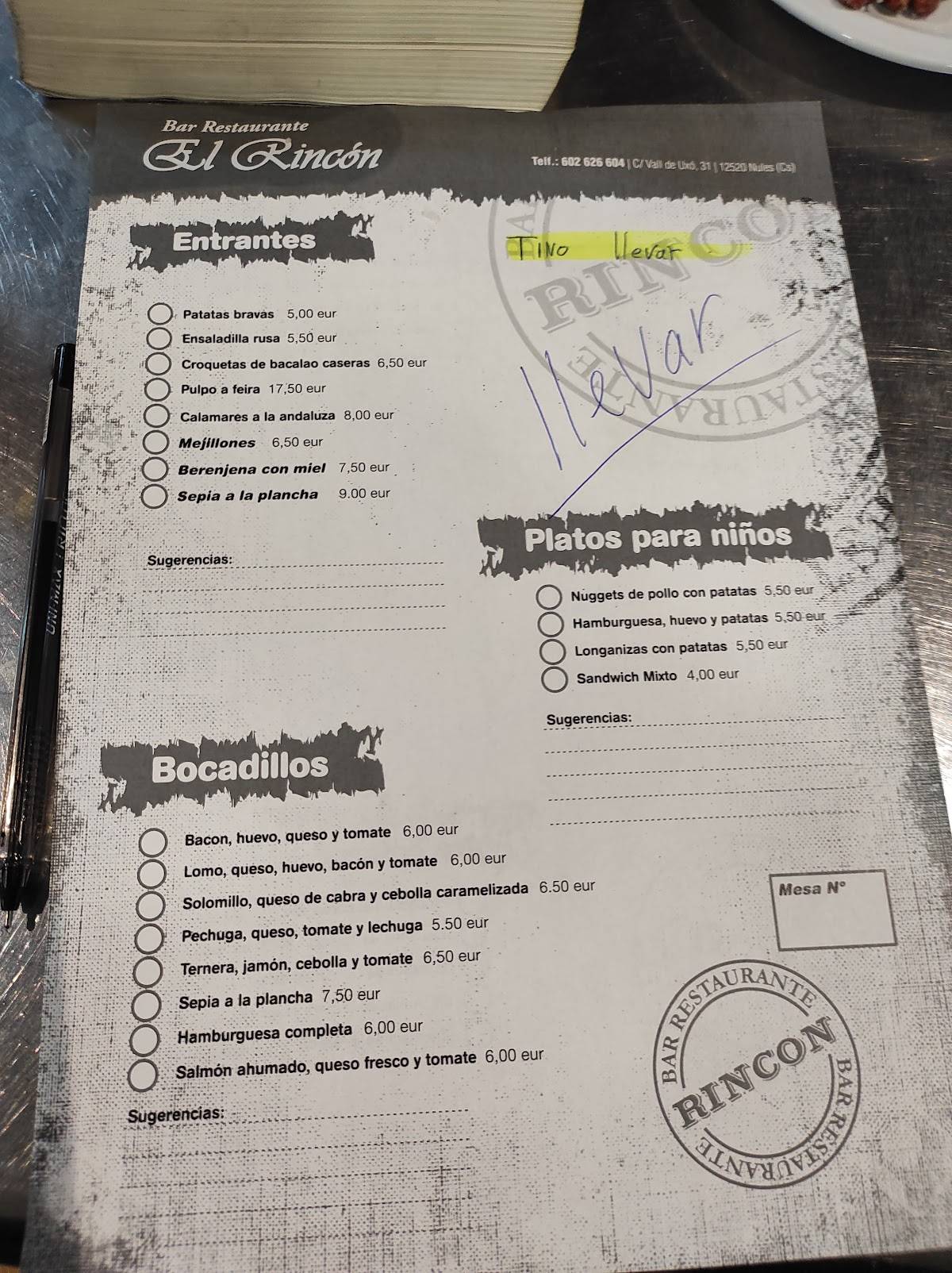 Bar Restaurante Rincon меню