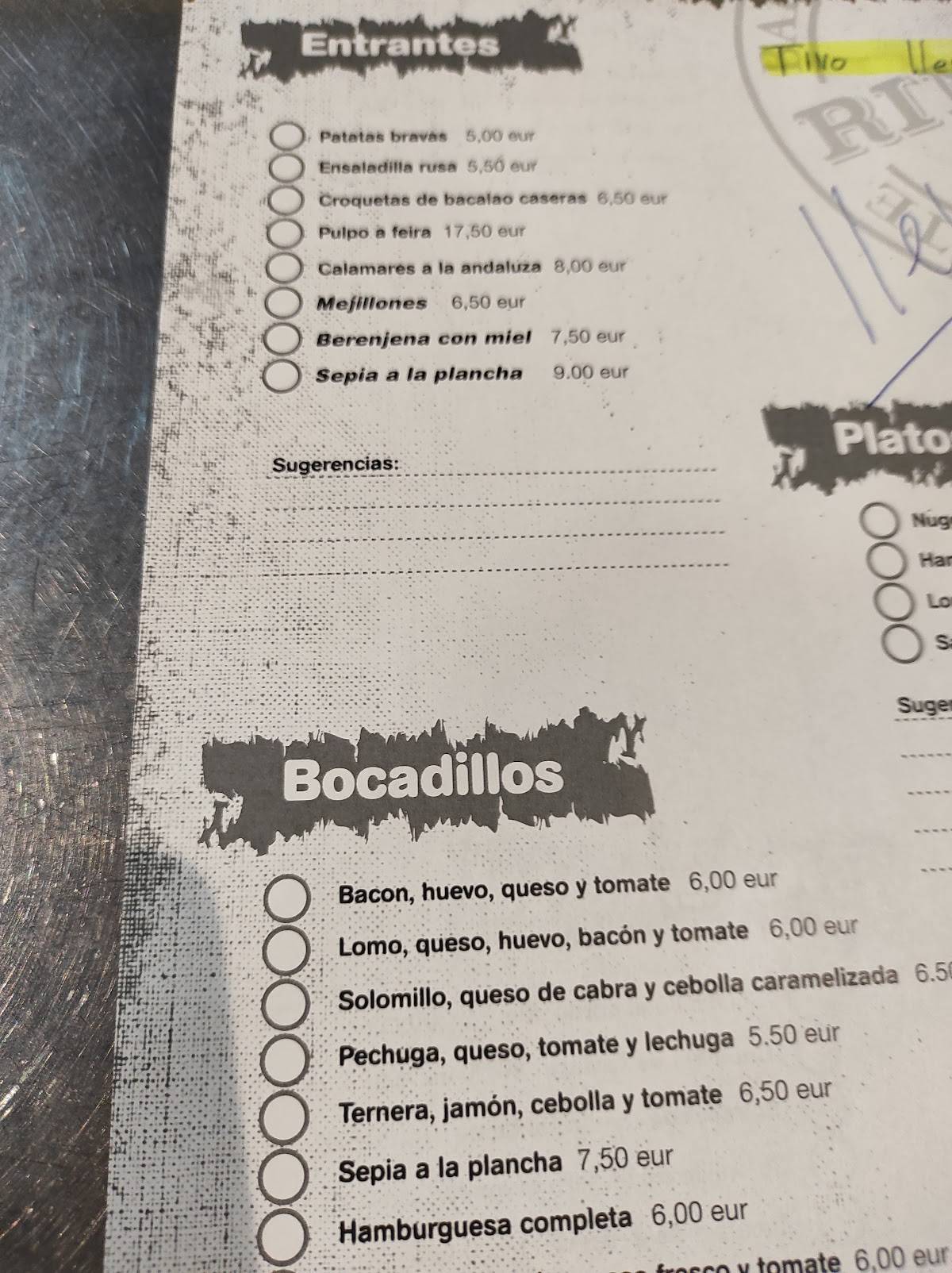 Bar Restaurante Rincon меню