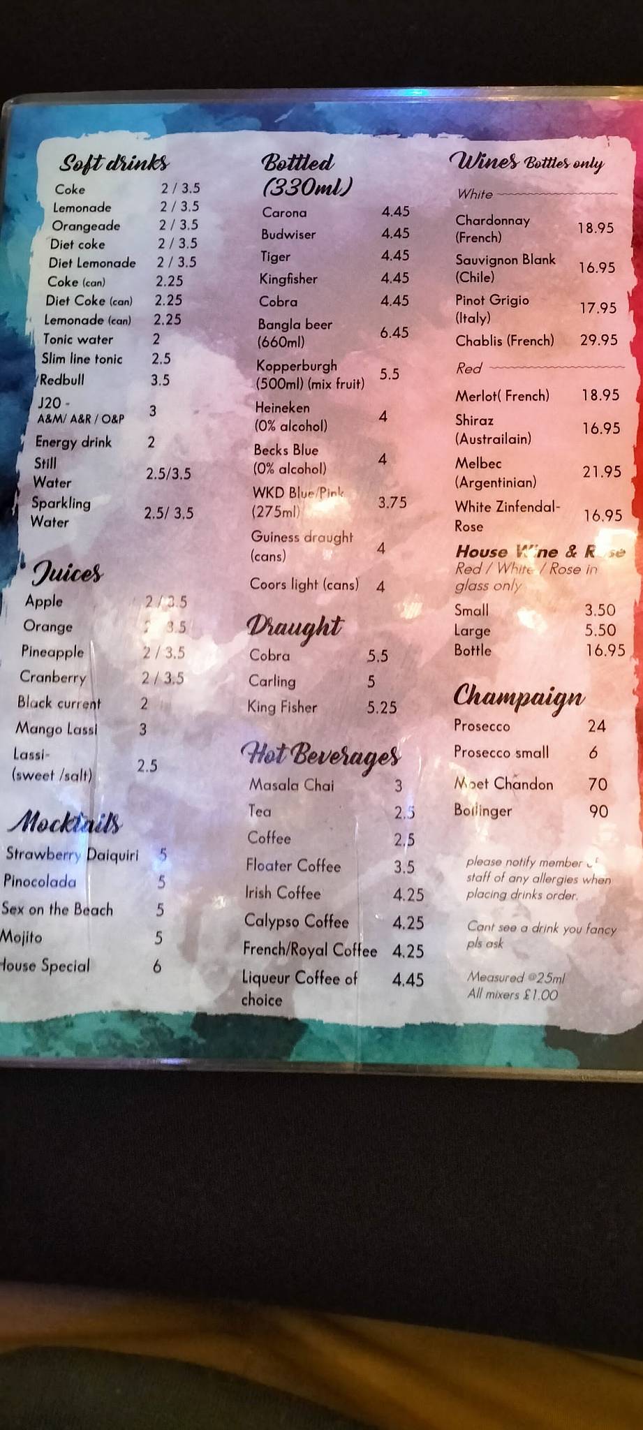 Basil Spice Indian Restaurant, Bar меню