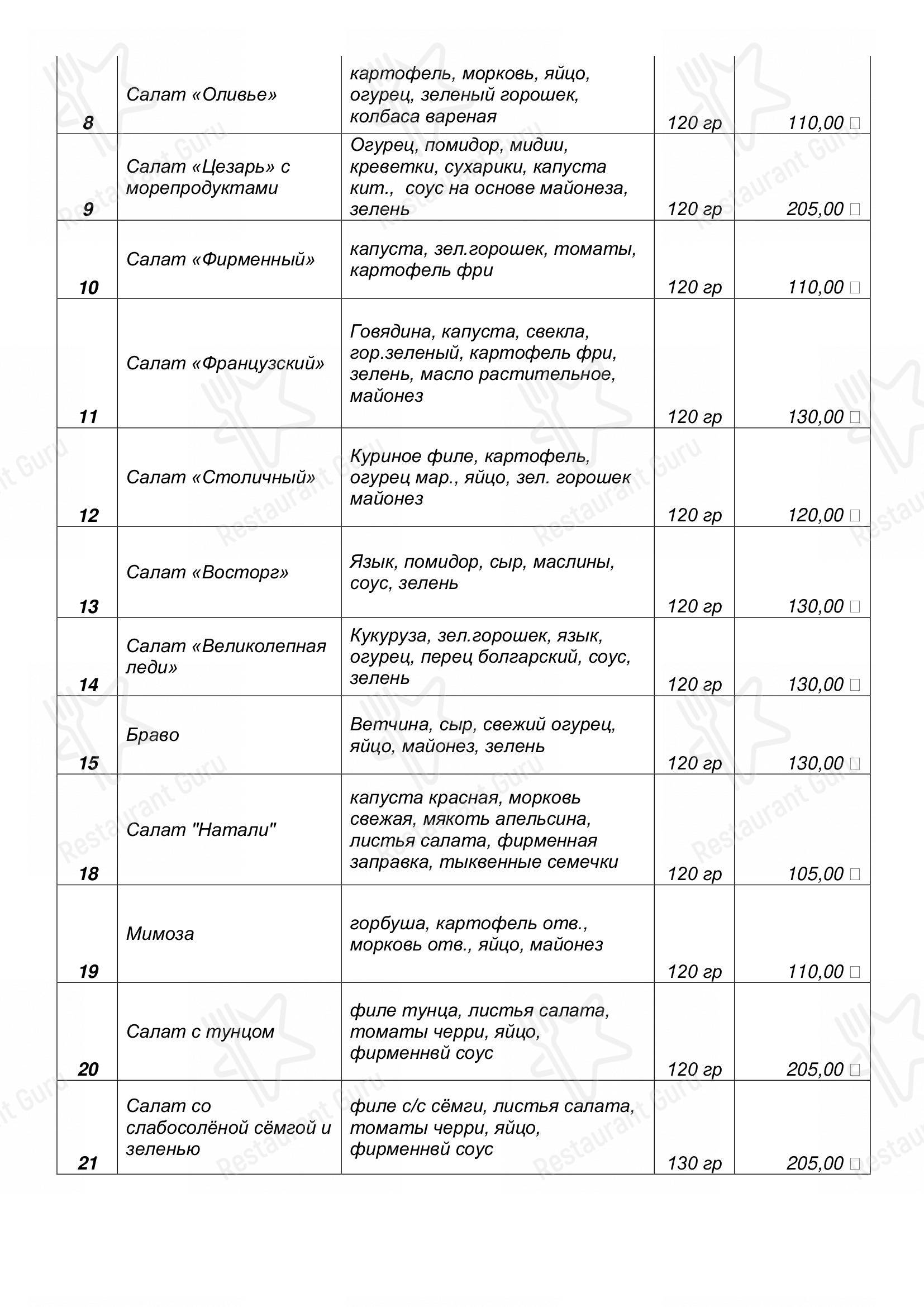 Белка в Тольятти - Меню напитков