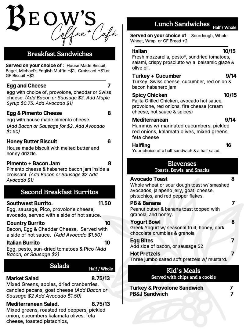 Beow's Coffee & Cafe меню