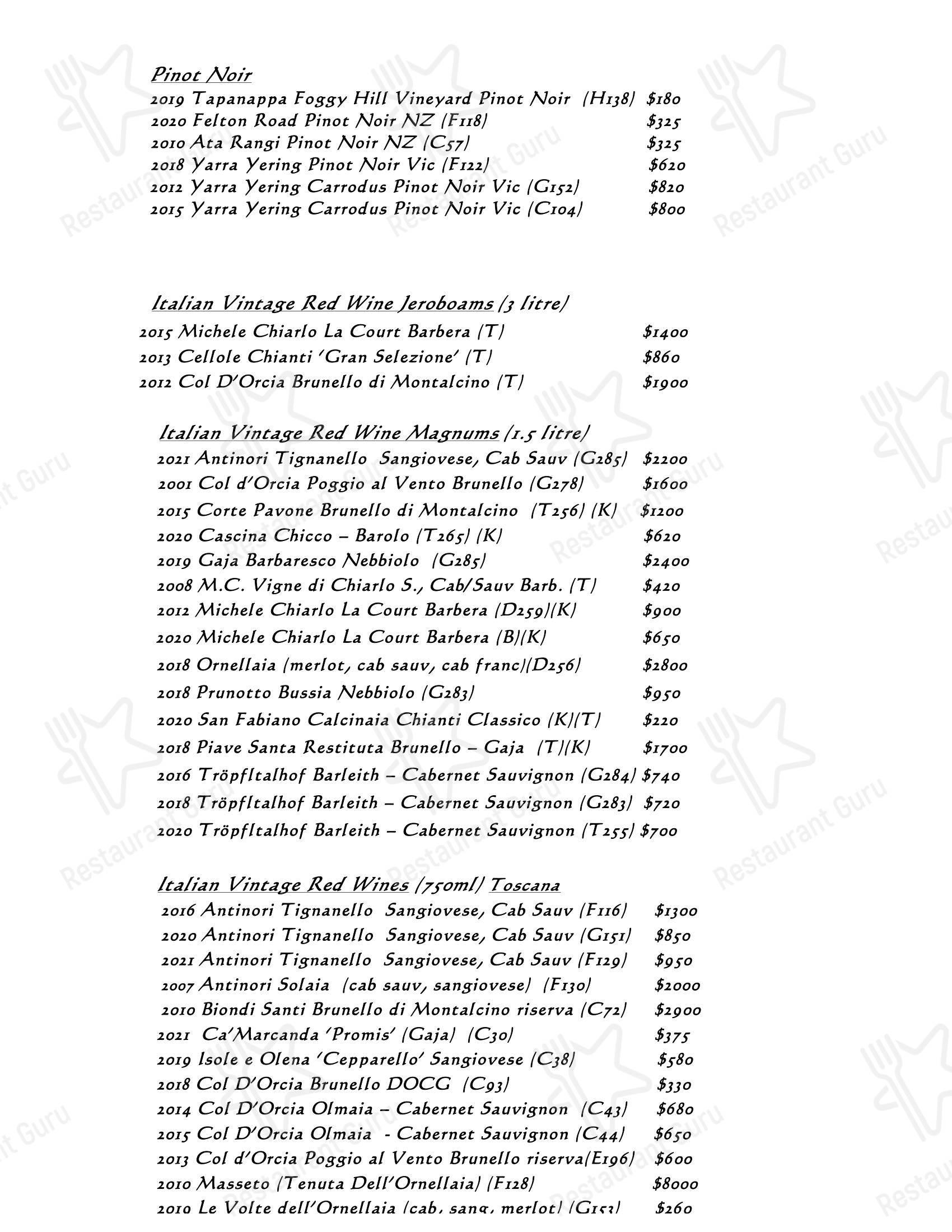 Drink menu ресторана Beppi's Italian в Дарлингхерсте