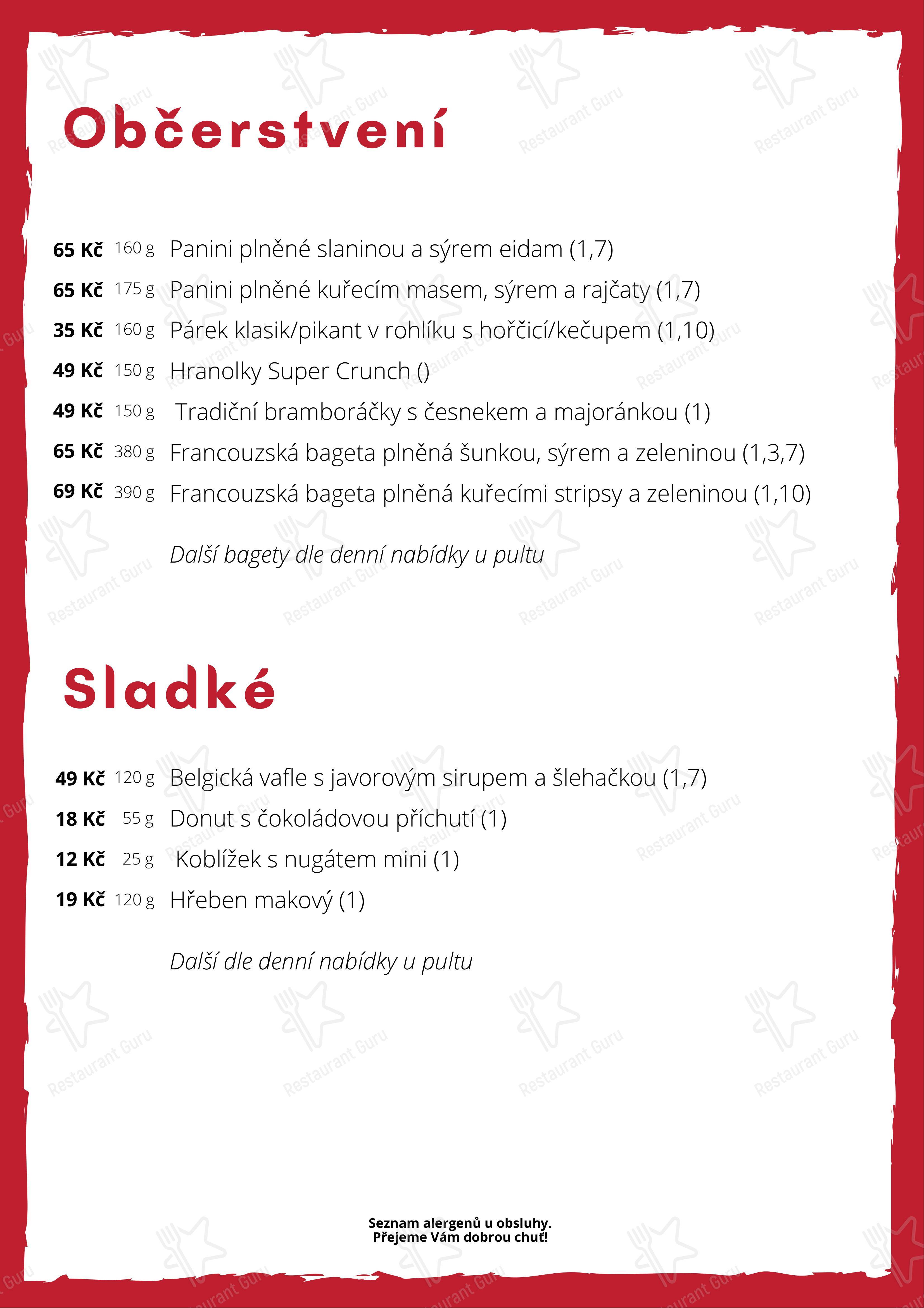 Меню ресторана Bistro ČS Rudíkov в Rudíkově