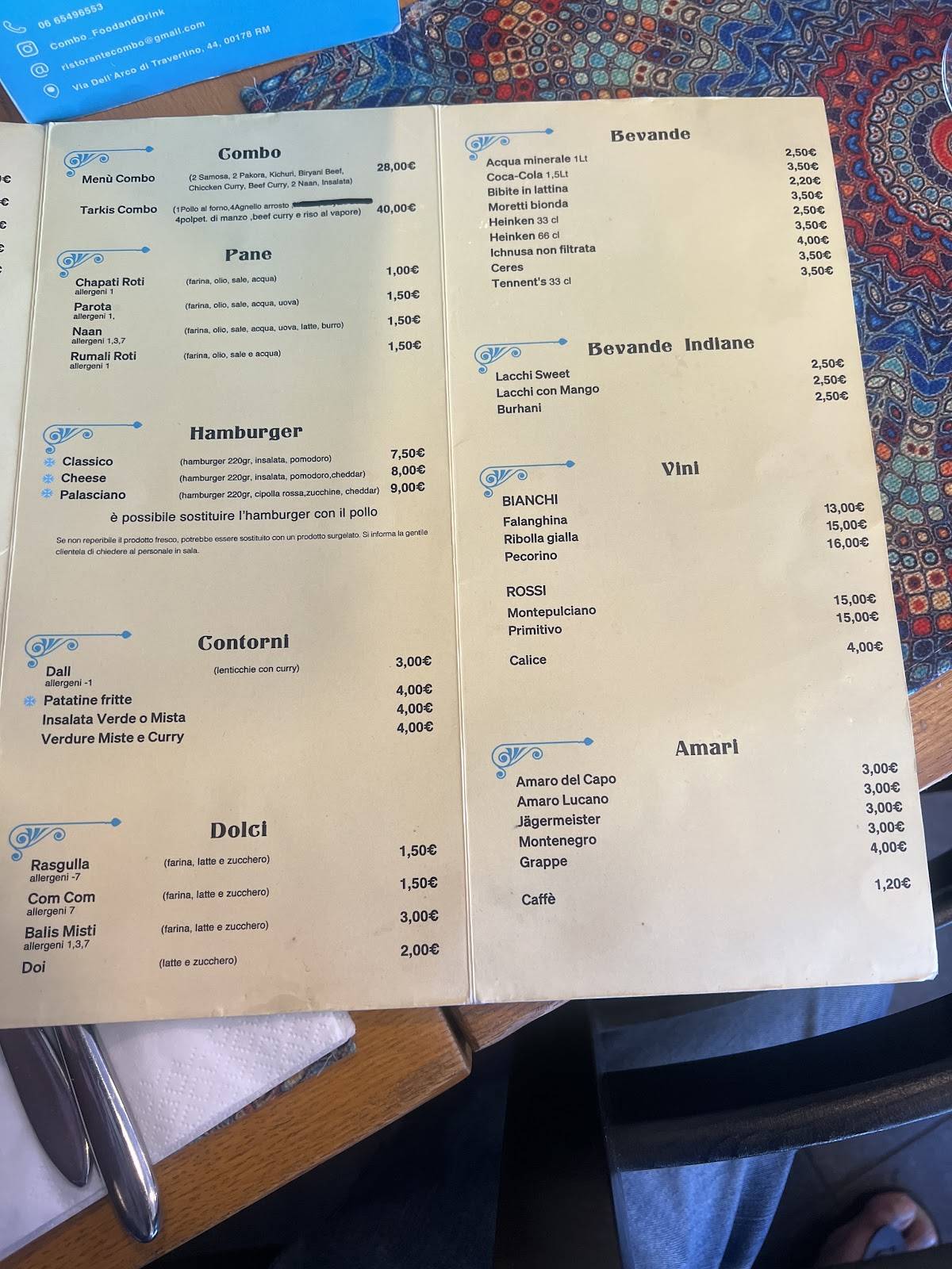 COMBO RISTORANTE меню