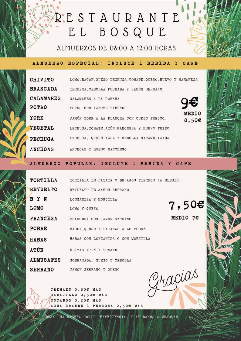 Cafetería Restaurante El Bosque меню