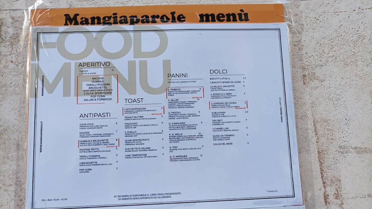 Caffè letterario Mangiaparole mangi e leggi меню