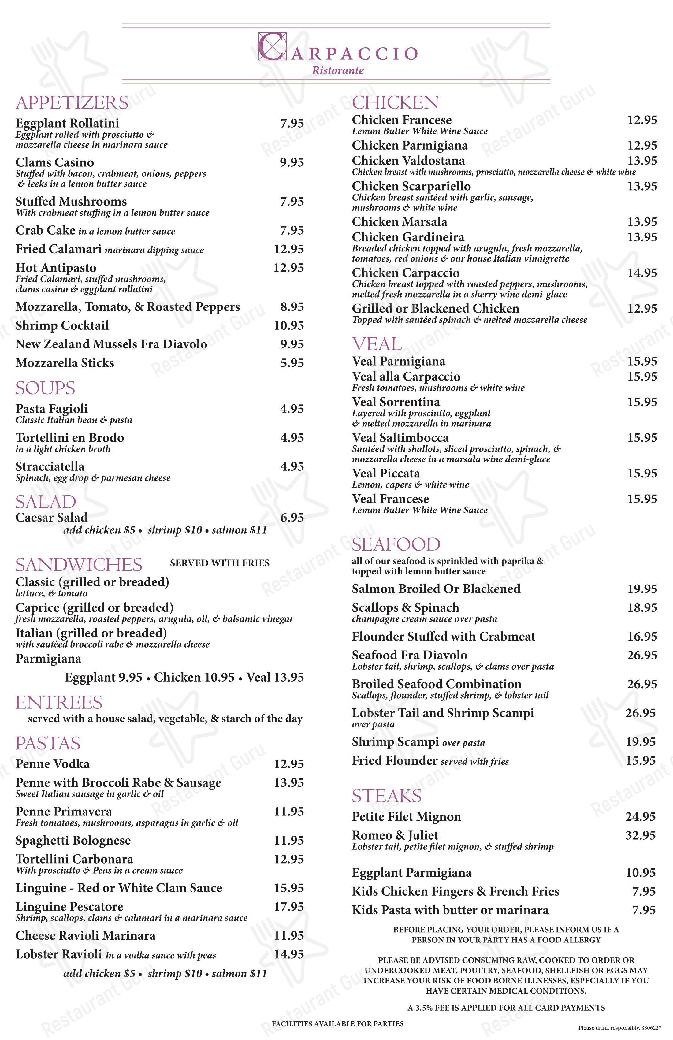 Carpaccio Ristorante в Мидлсексе - Меню