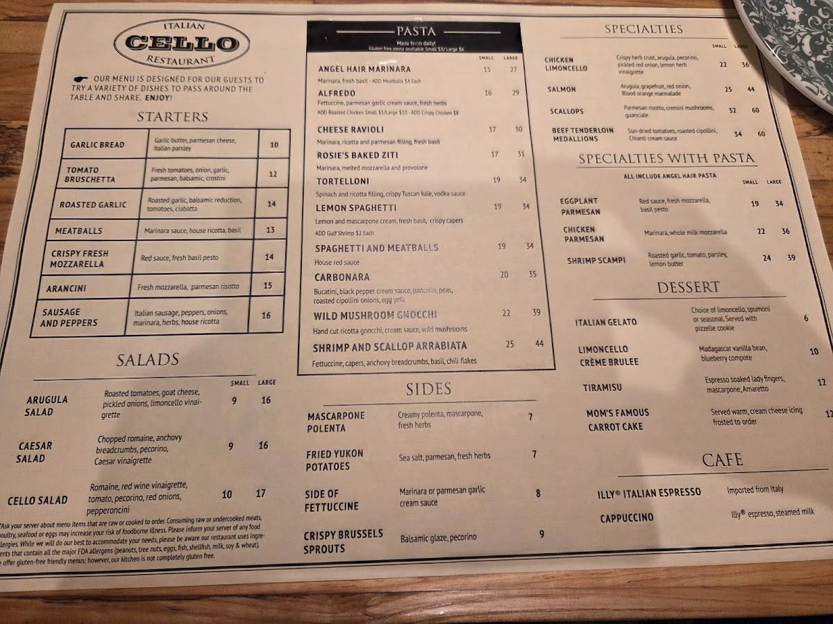 Cello Italian Restaurant меню