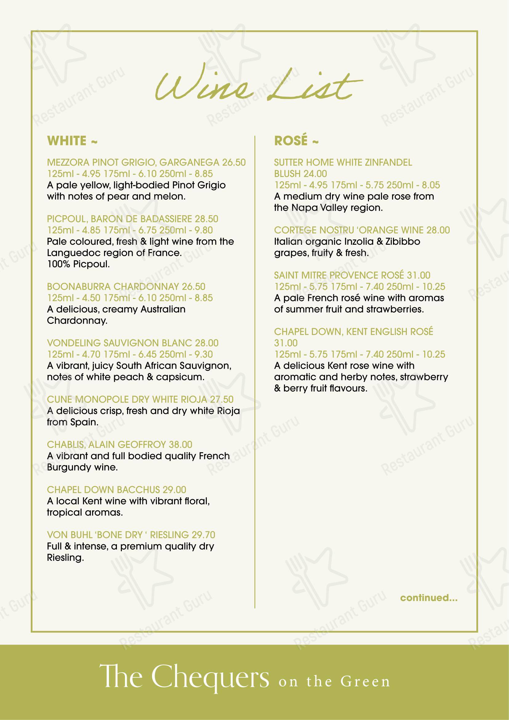 Chequers on the Green в Бетерсдене - Wine Menu