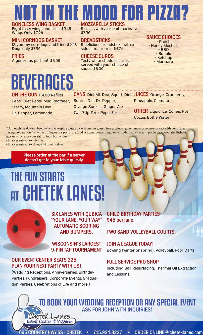 Chetek Lanes, Event Center & Pizzeria меню