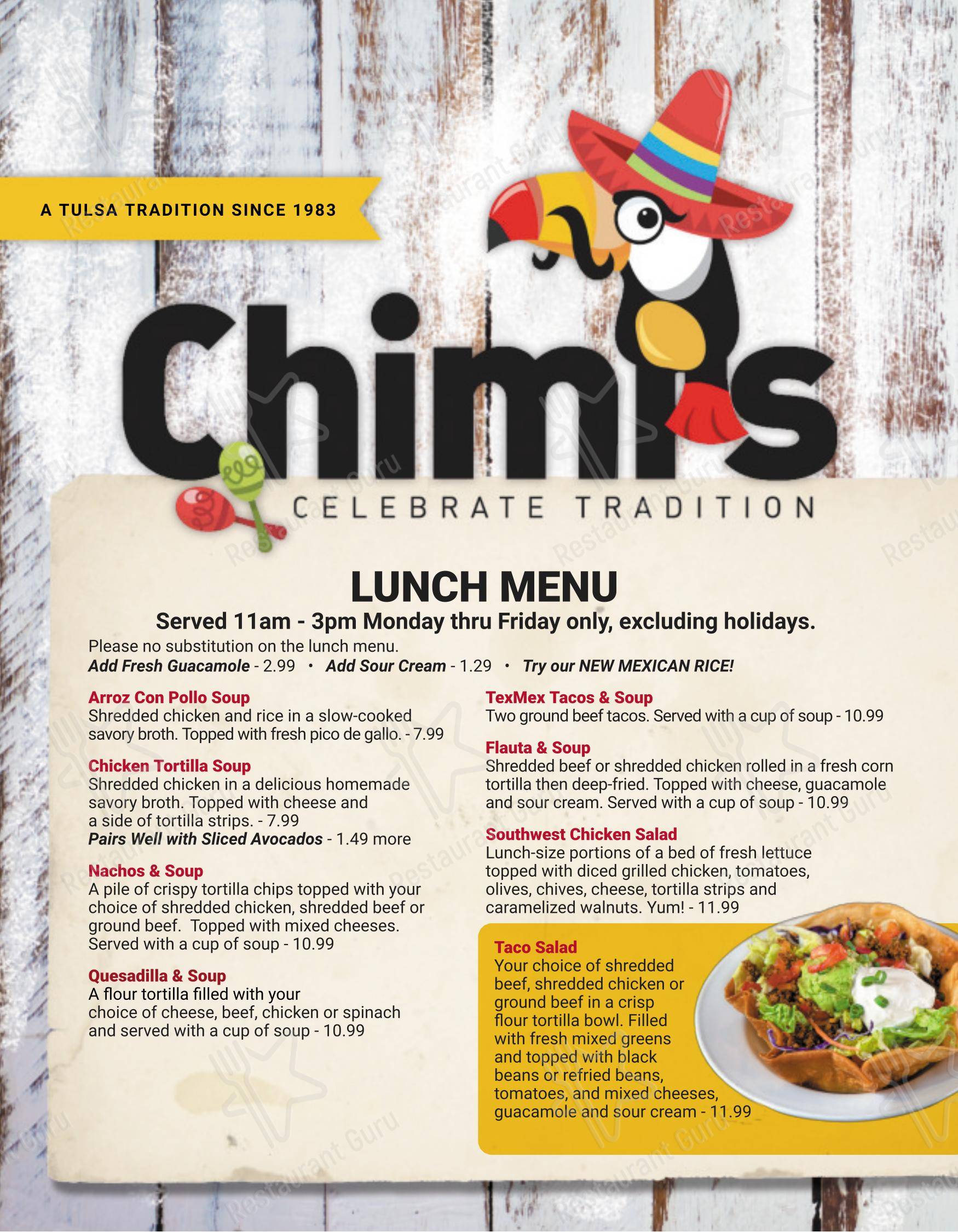 Основное меню ресторана Chimi's Mexican Restaurant