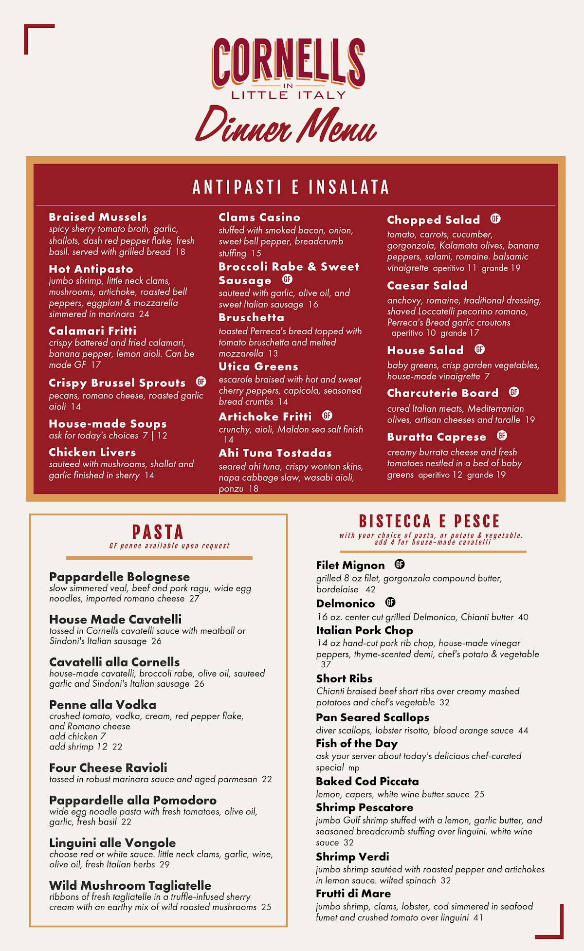 Cornell's in Little Italy Restaurant меню