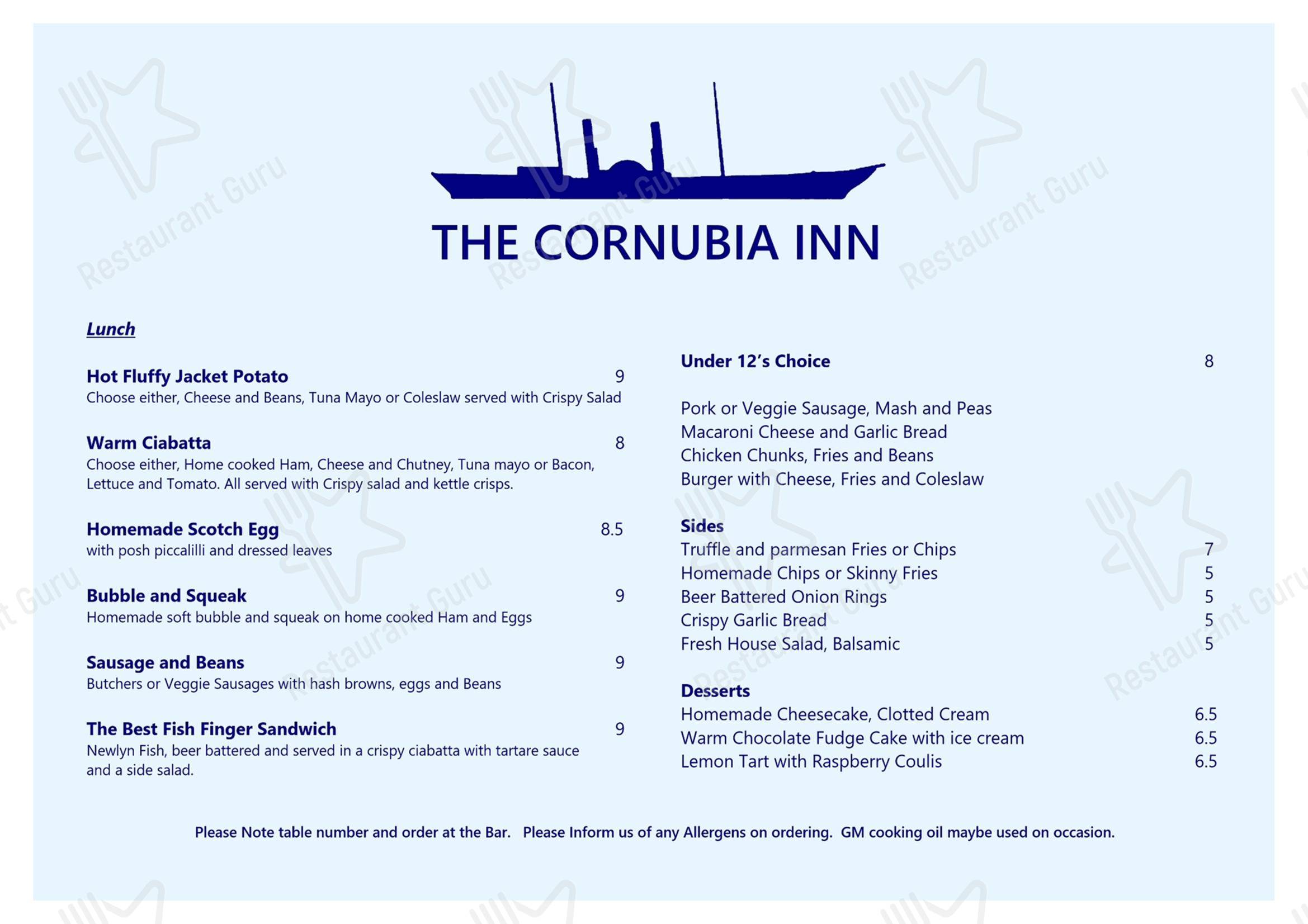 Cornubia Sports Bar в Хейле - Меню