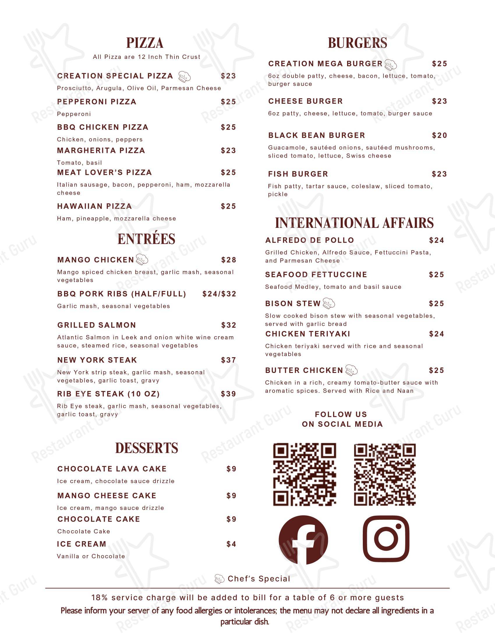 Меню напитков паба и бара Creations Dining Room and Lounge в Эдмонтоне