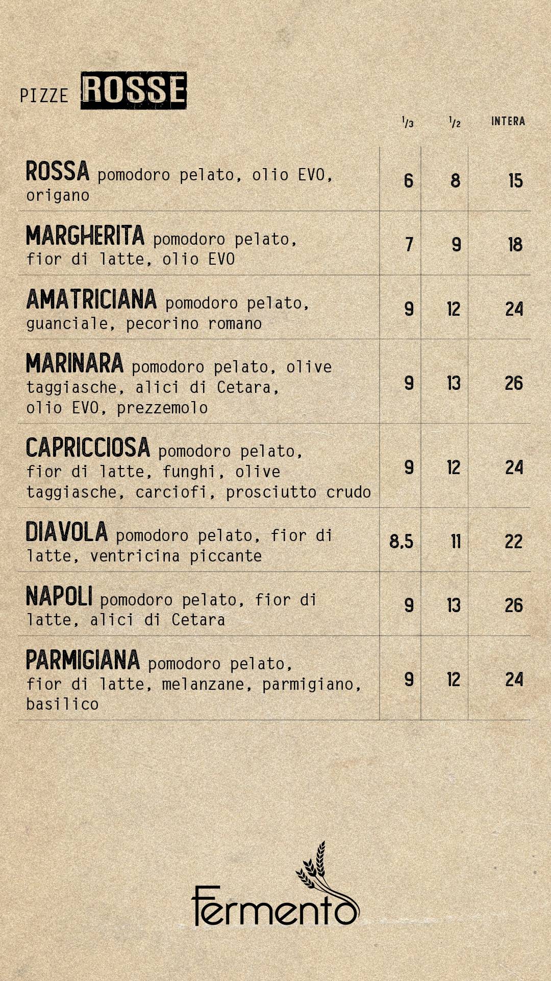 Fermento Roma меню