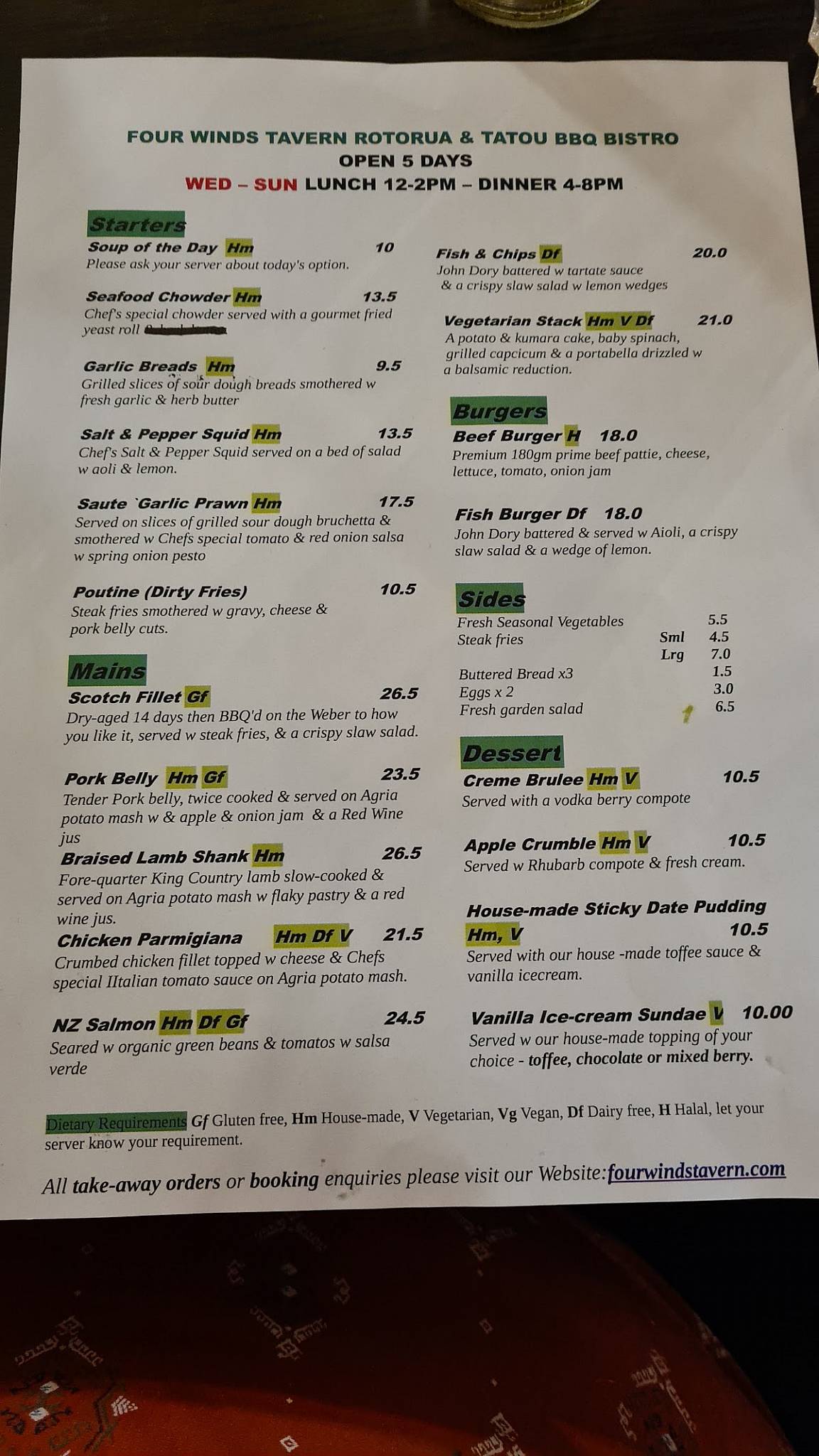Four Winds Tavern Rotorua меню