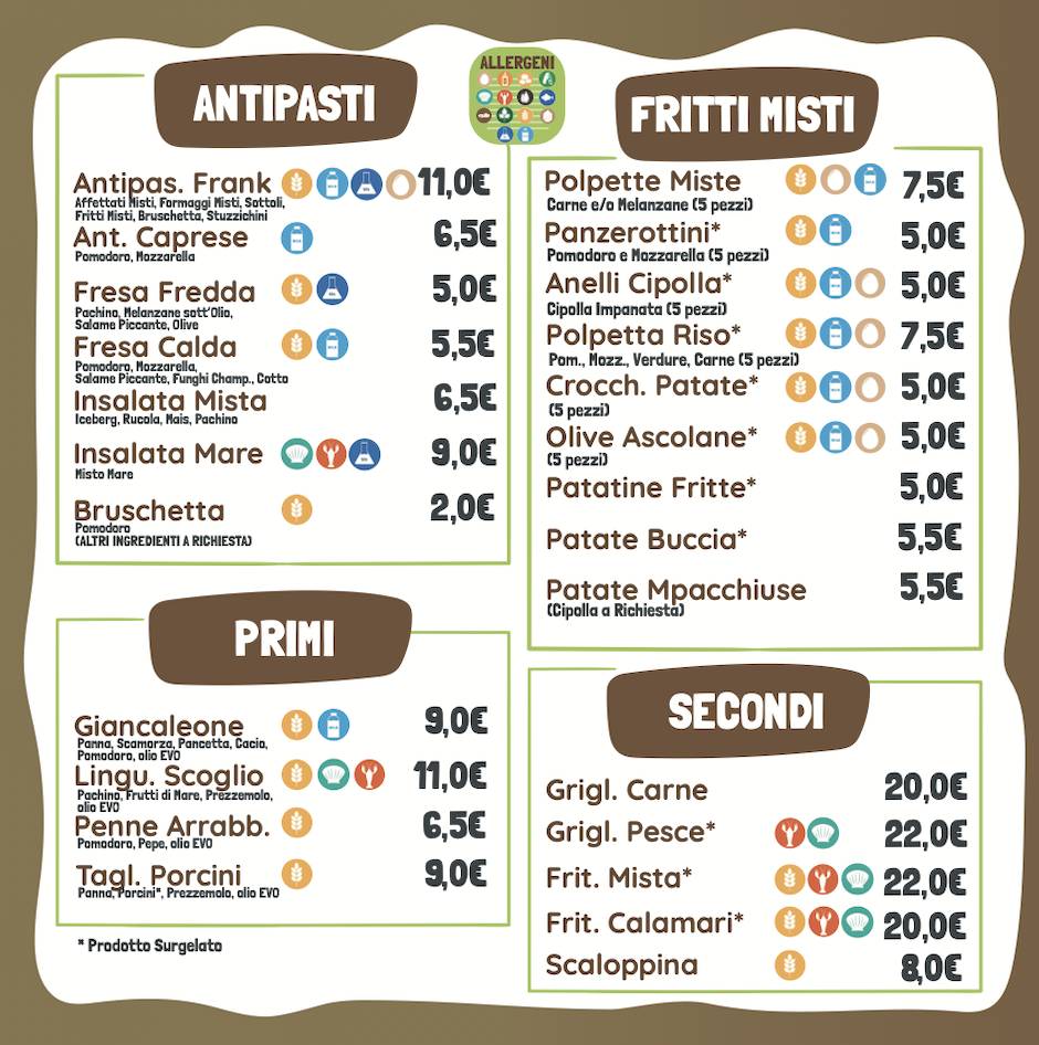 Frank Pizzeria Ristorante - Dal 1975 меню