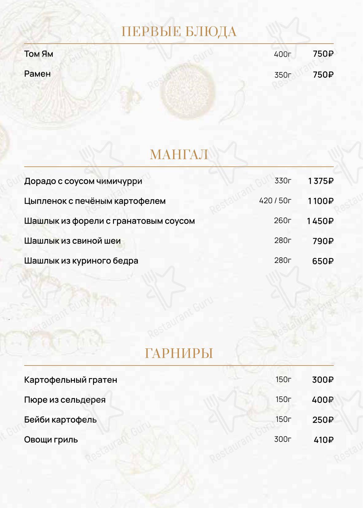 Основное меню клуба Галлери Клаб