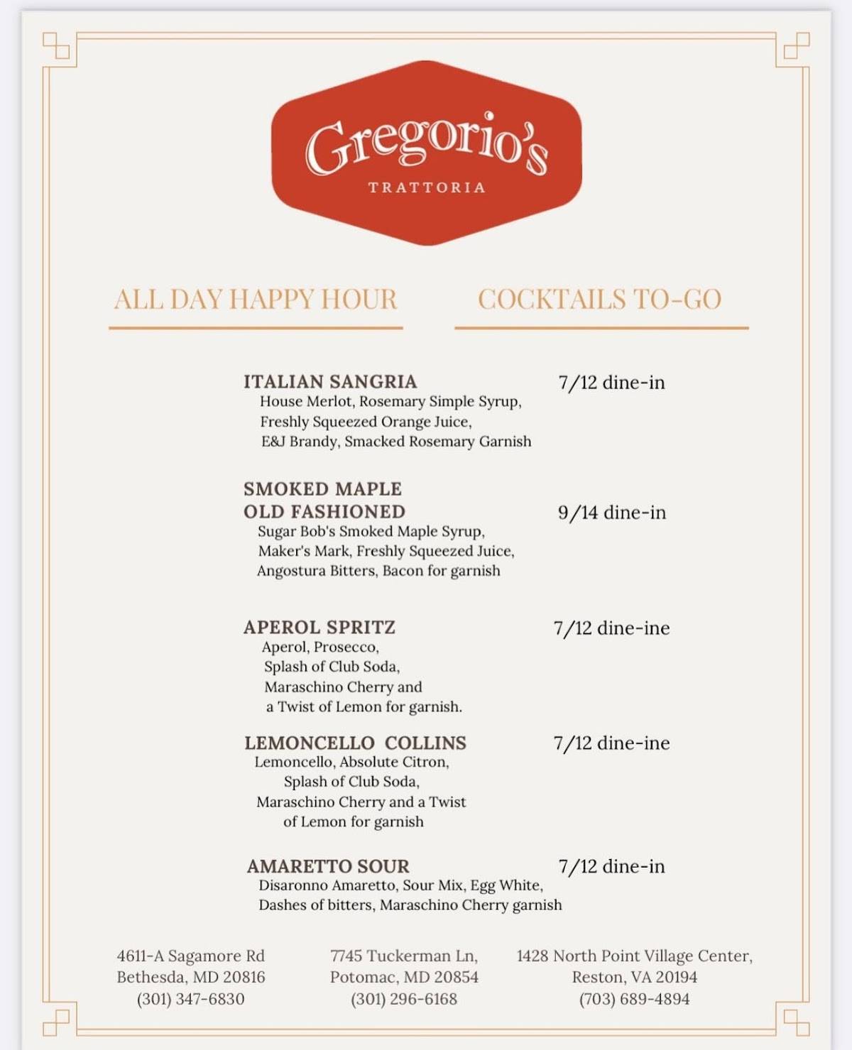 Gregorio's Trattoria меню