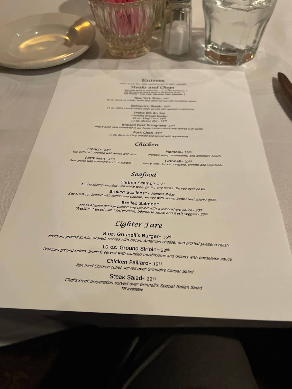 Grinnell's Restaurant меню