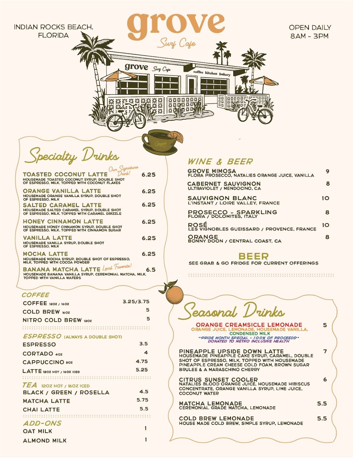 Grove Surf Cafe Coffee Indian Rocks Beach меню