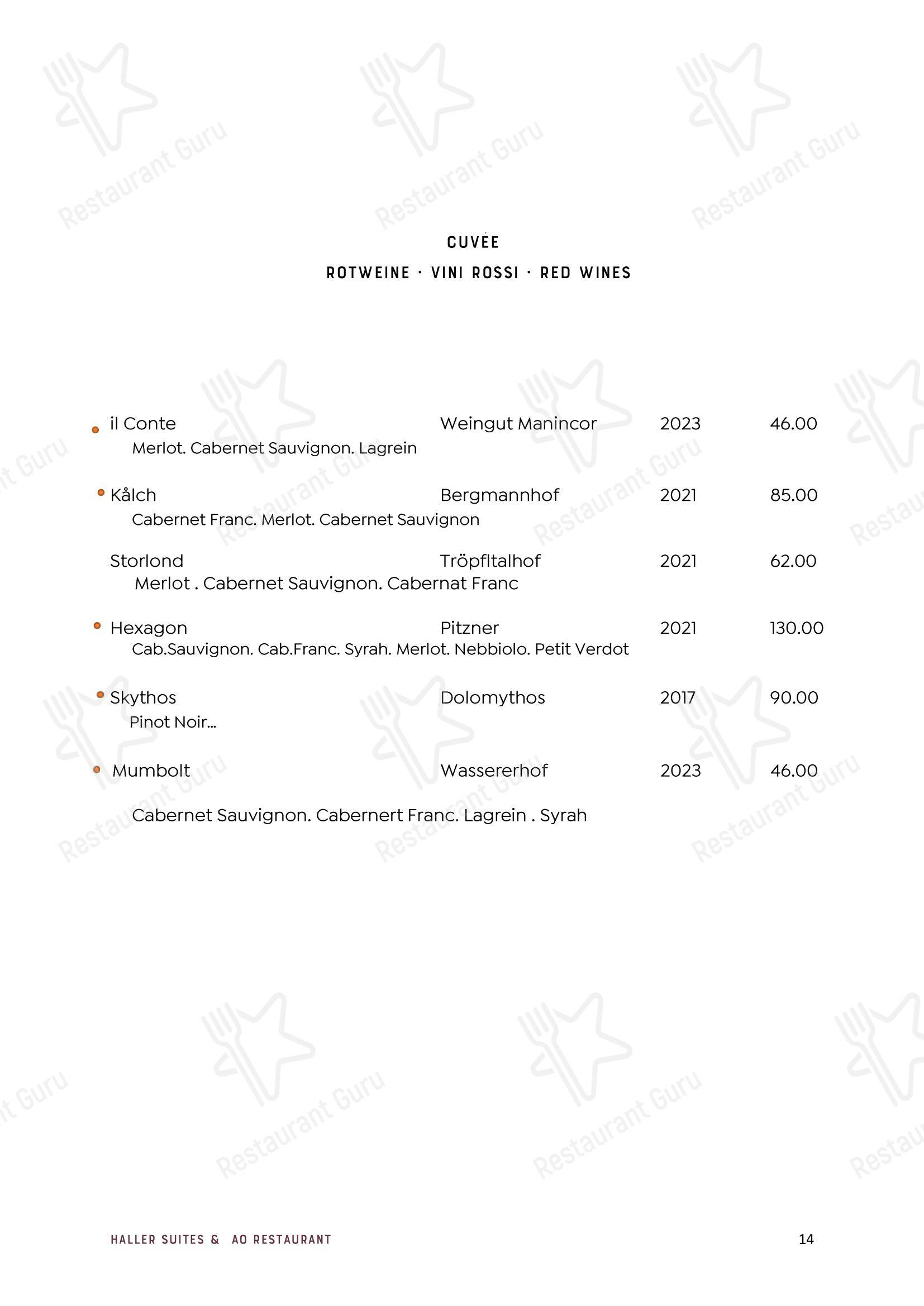 Меню паба и бара byHaller Suites & AO Restaurant - Lunch Menu