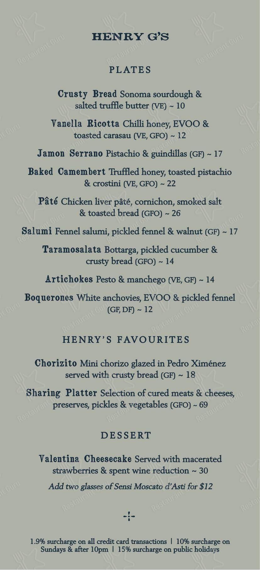 Henry G's Wine Parlour в Манли - Основное меню