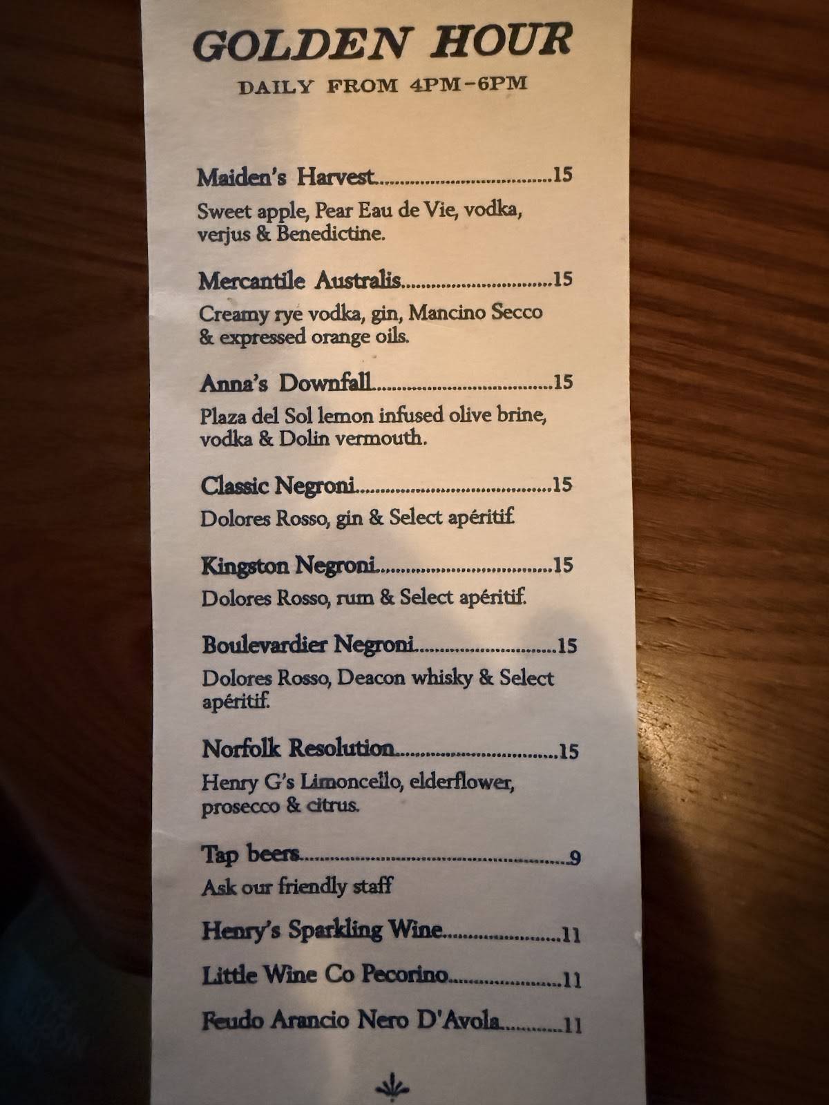 Henry G's Wine Parlour меню