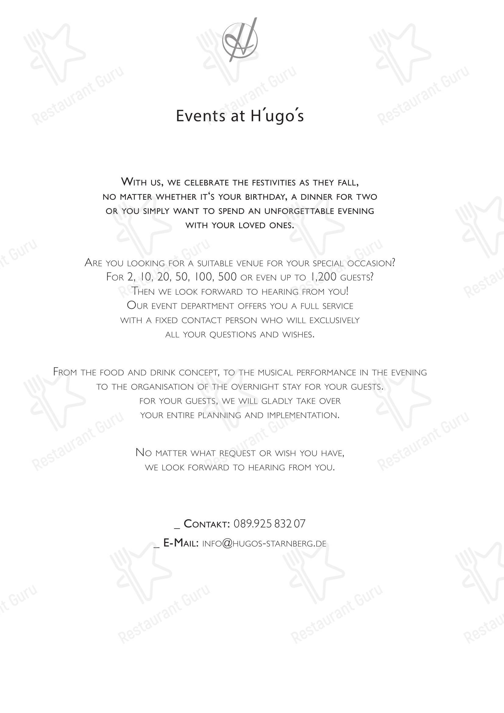 H’ugo’s Beach Club в Штарнберге - 菜单