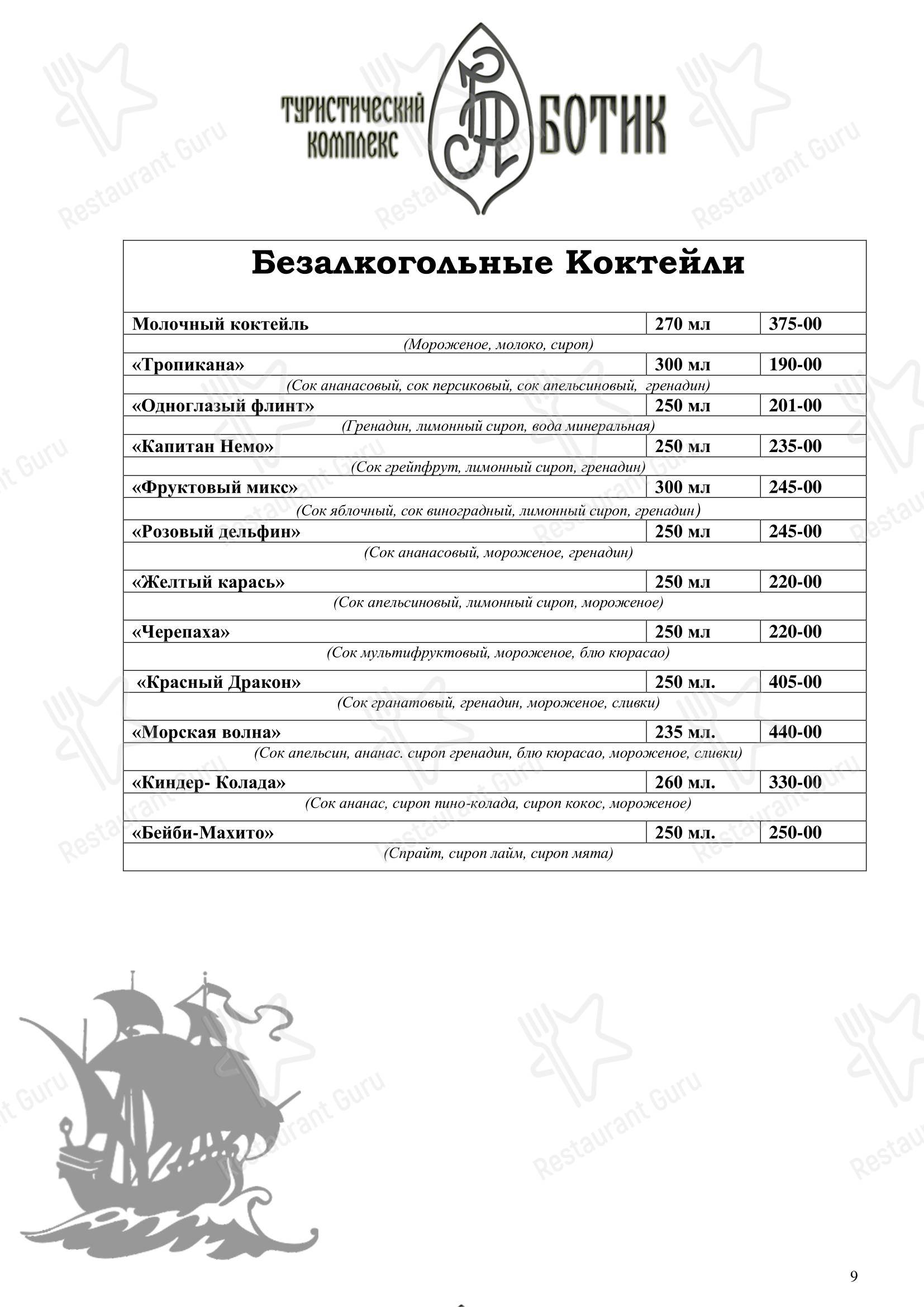 Меню кафе Ботик