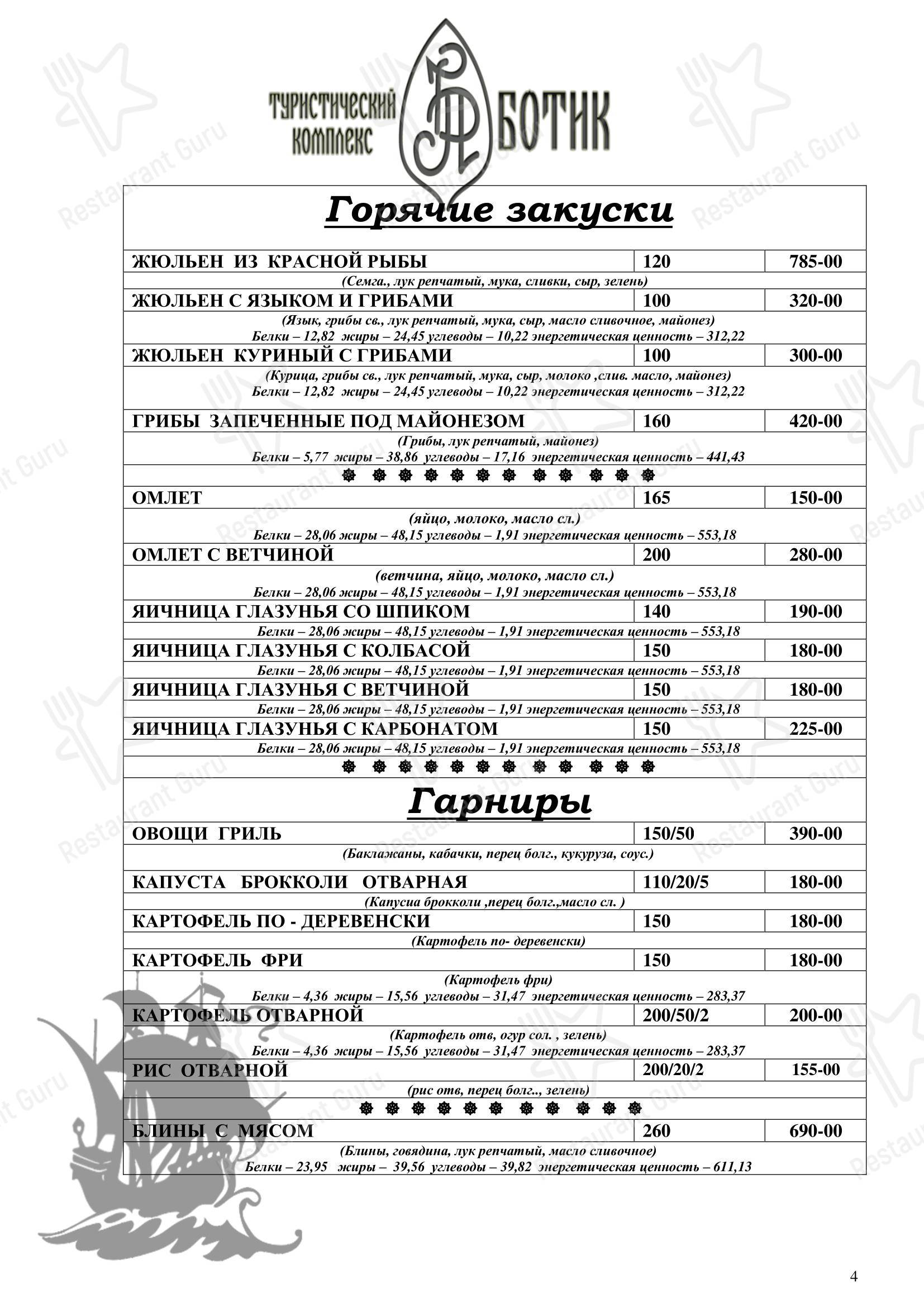 Меню кафе Ботик - Меню