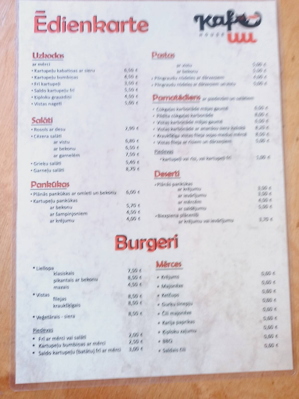 Kafejnīca, bārs "Kafuu" меню
