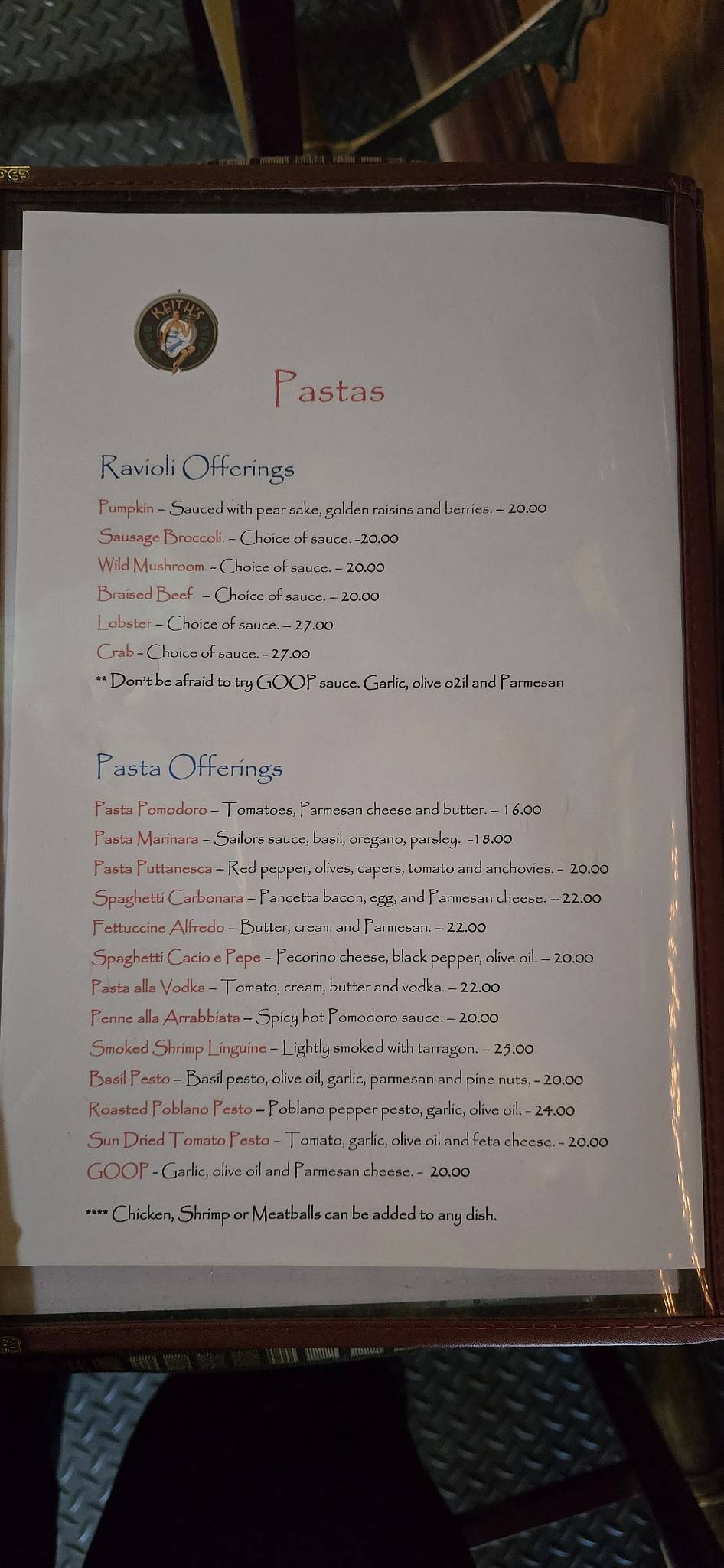Keith's Bar & Grill меню