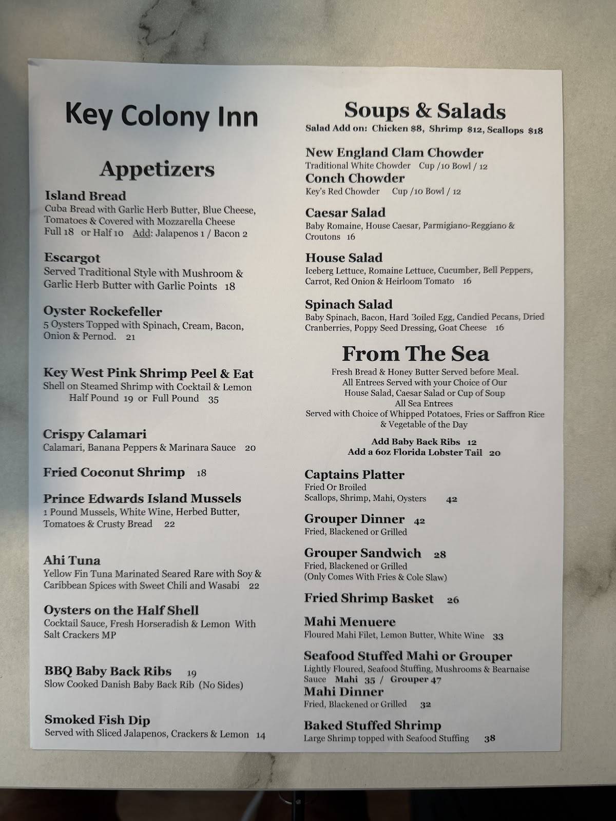 Key Colony Inn Restaurant & Lounge меню