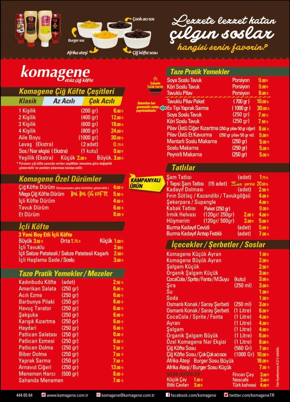 Komagene Etsiz Çiğ Köfte меню