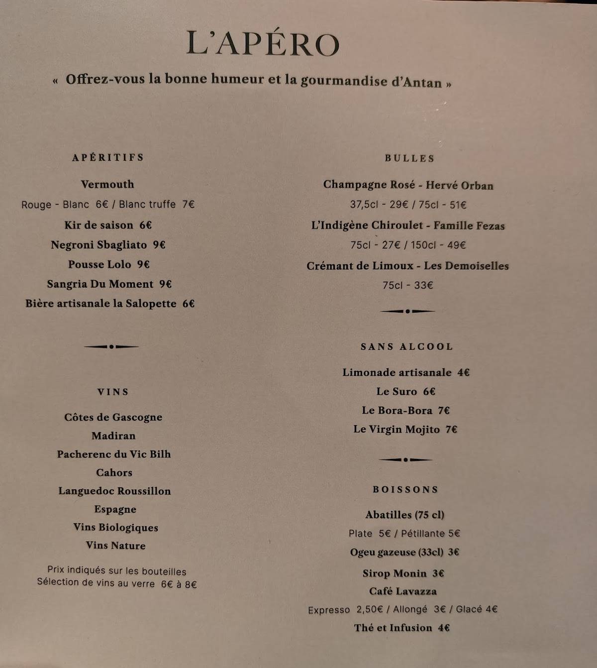 L' APÉRO меню