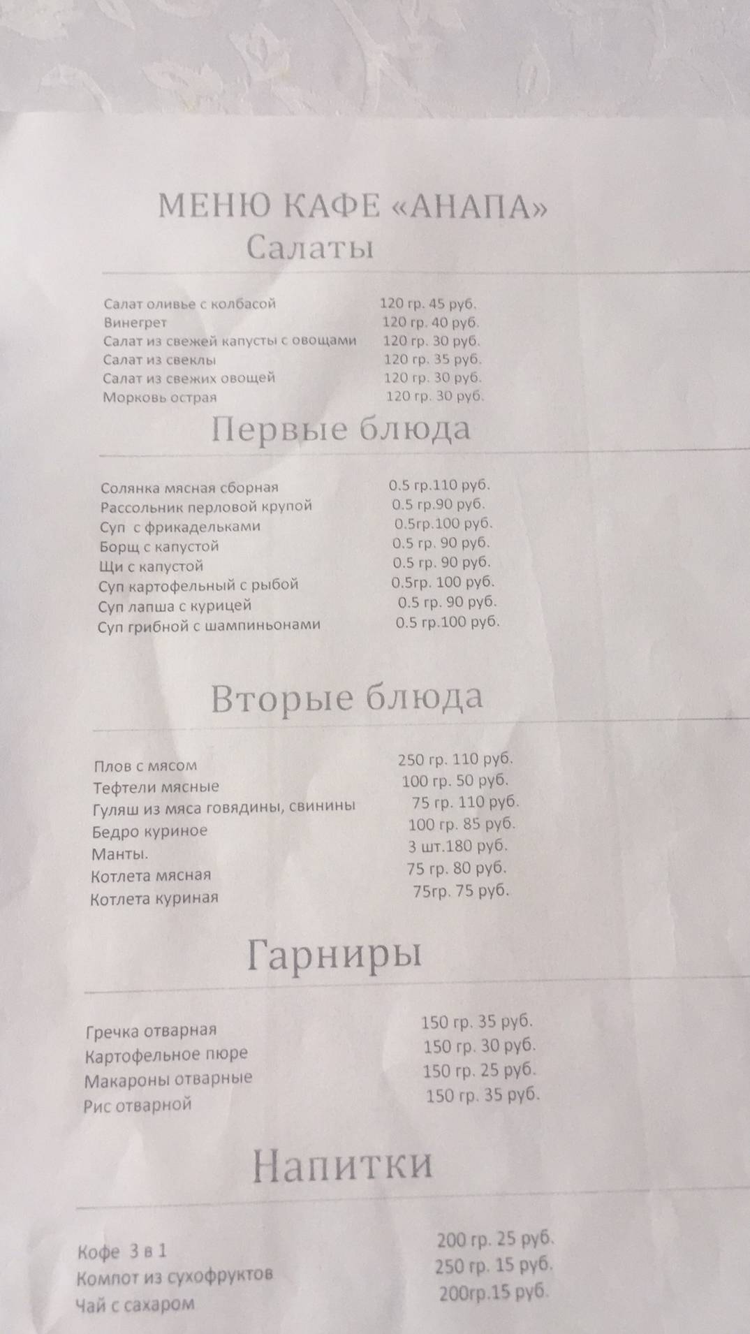 Анапа меню