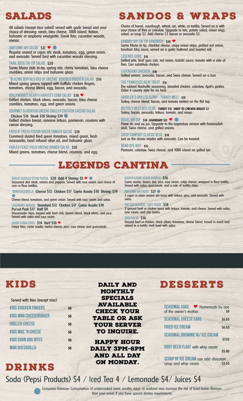 Legends Grill Sports & Spirits меню