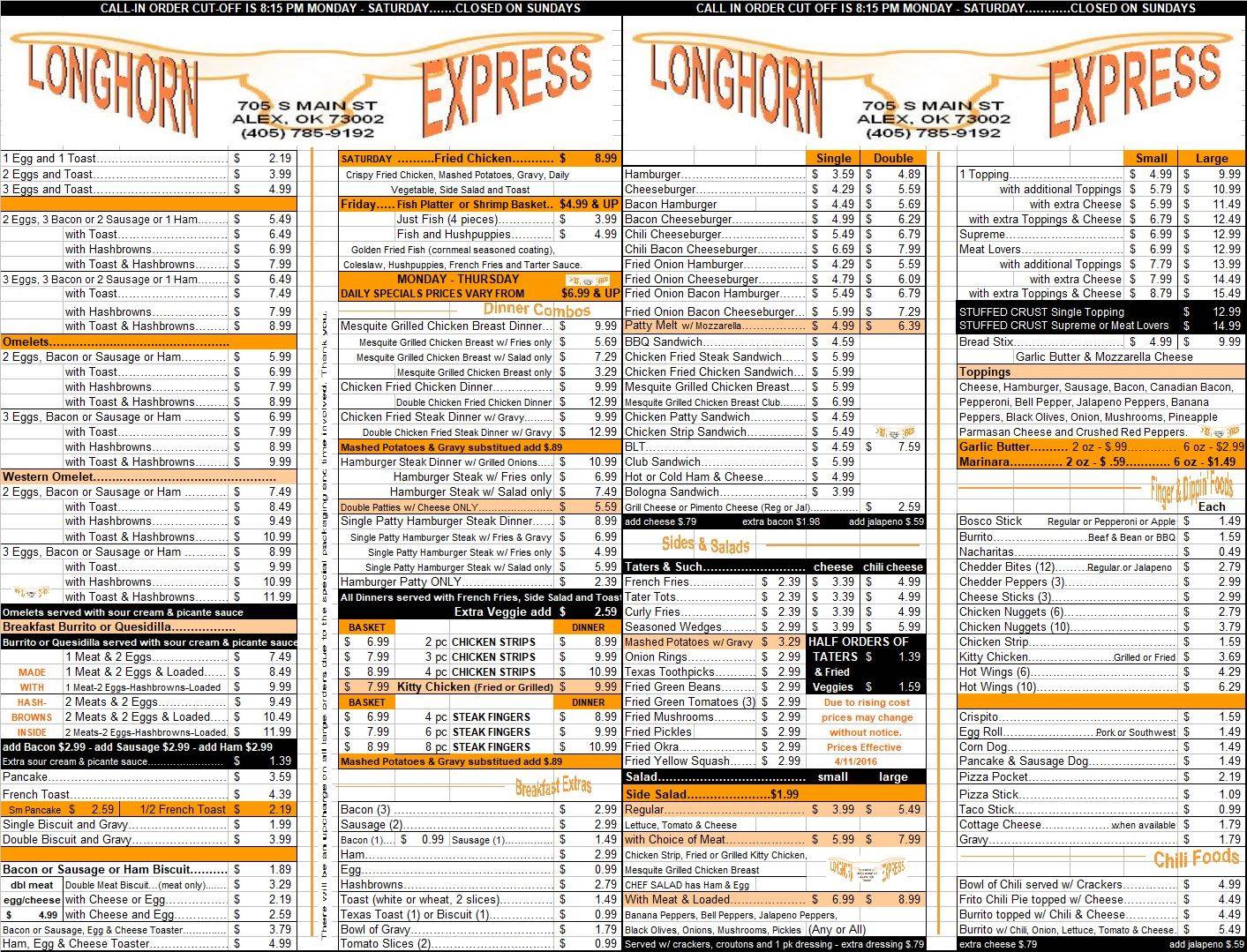 Longhorn Express меню