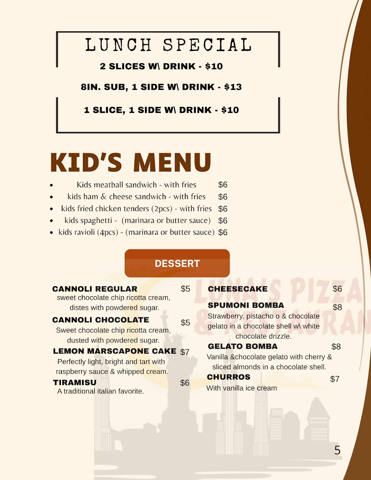Luna's Pizza & Restaurant меню