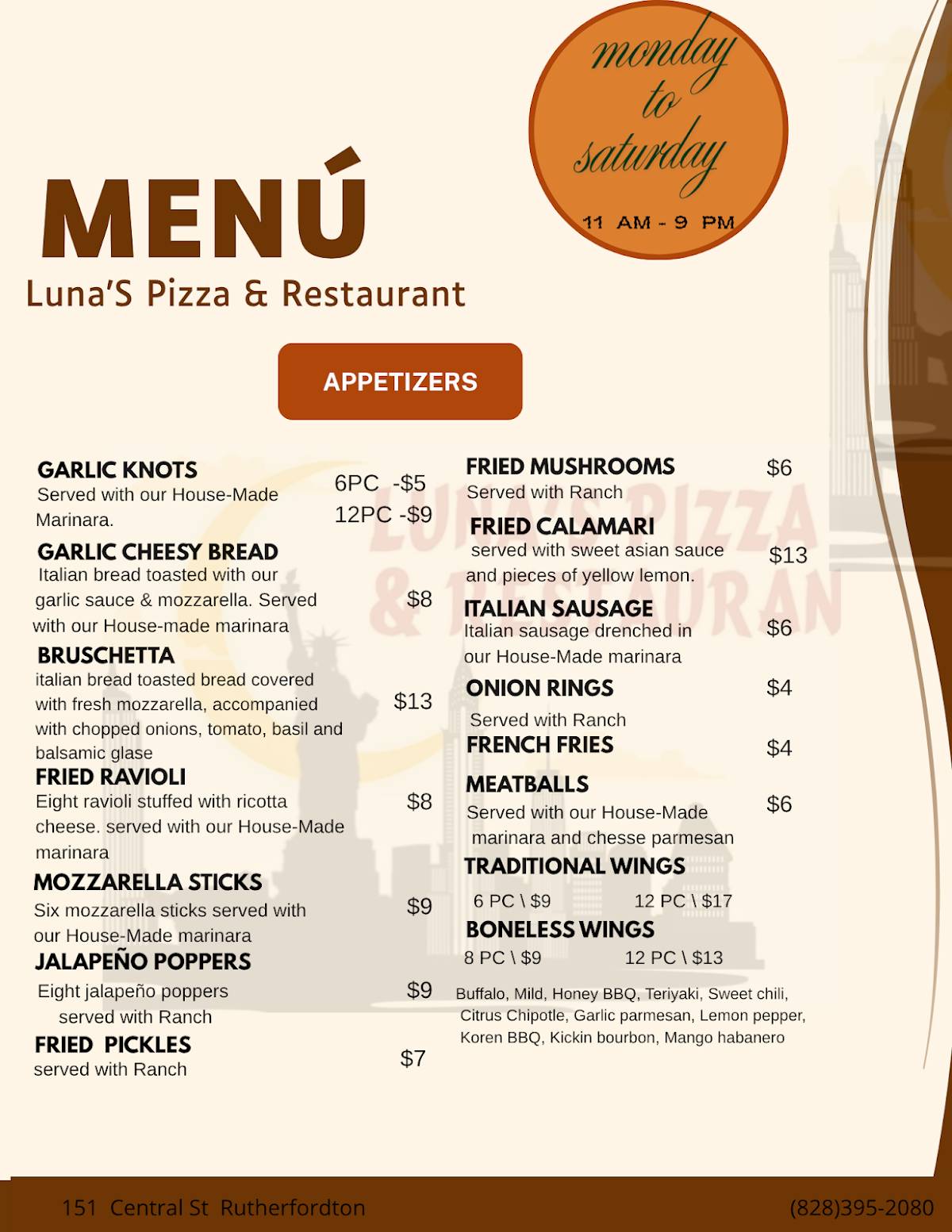 Luna's Pizza & Restaurant меню