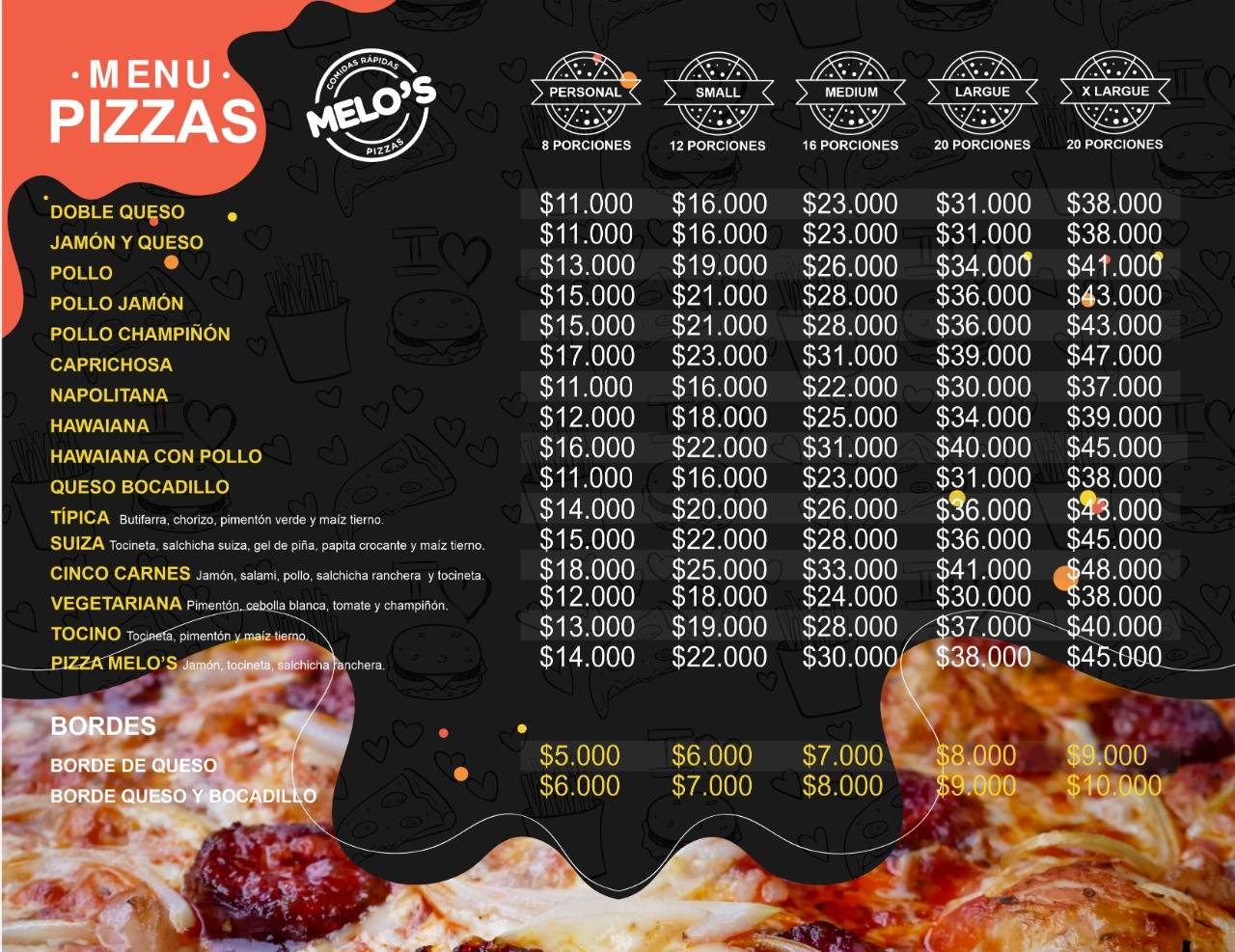 Melo's pizzas y comidas rápidas меню